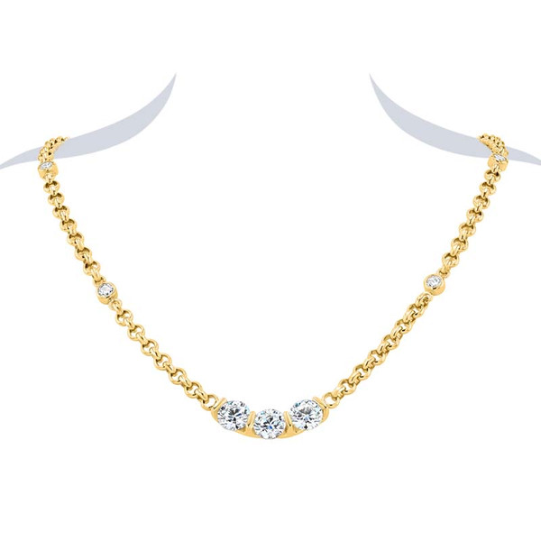 Custom-Made Three-Stone Diamond Stationed 18K Yellow Gold Rolo Necklace