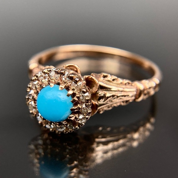 Antique 14k Cachochan Turquoise & Diamond Halo Rose Gold Ring