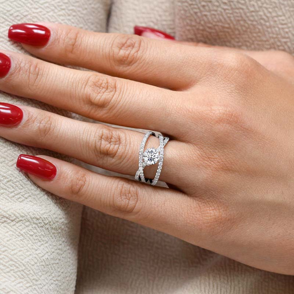 Cross-Over Style Oval Center Diamond Engagement Ring