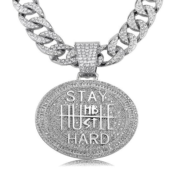 Men Cuban Link Necklace Hustle Hard Pendant Iced Out 13MM Bling Diamond Chain Miami Hip Hop Jewelry