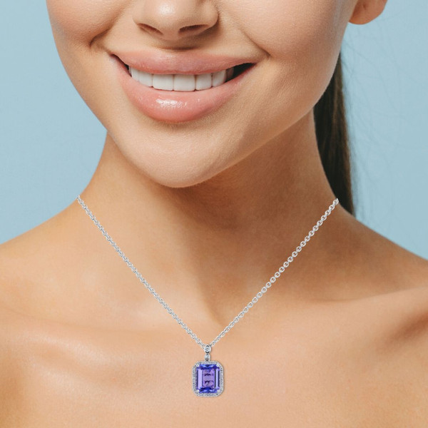 6.32 Carat Emerald-Cut Tanzanite & 0.36 Carat Double Drop Diamond Halo 14K White Gold Pendant